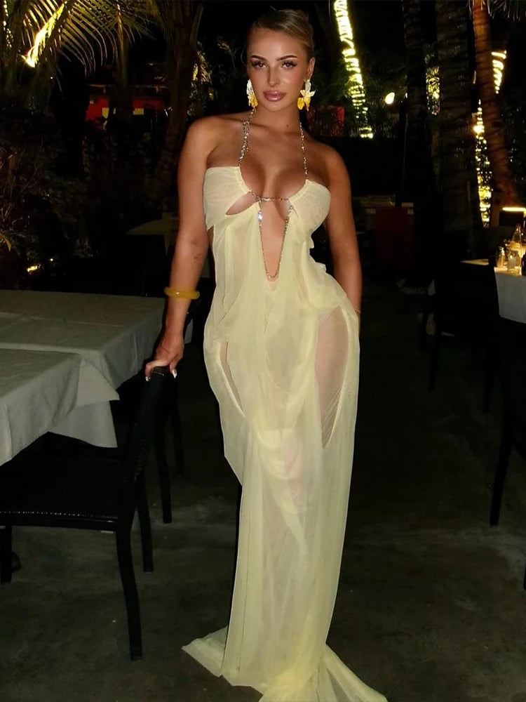 Nibber Prom Party Gown Dress Woman Sexy See Through Luxury Chain
