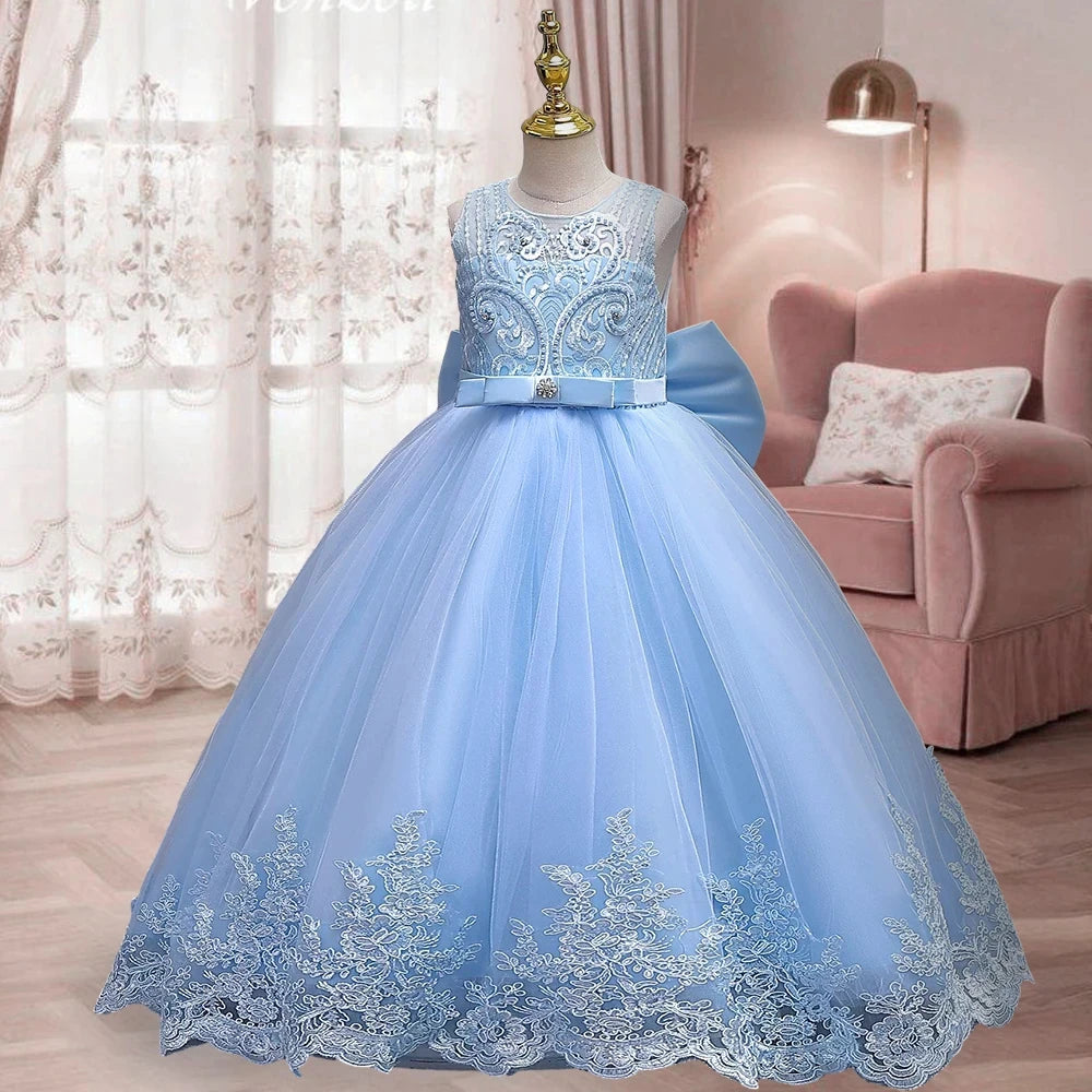 Childrens Dress 3-12 Year Old Embroidered Bow Wedding Dress Girl