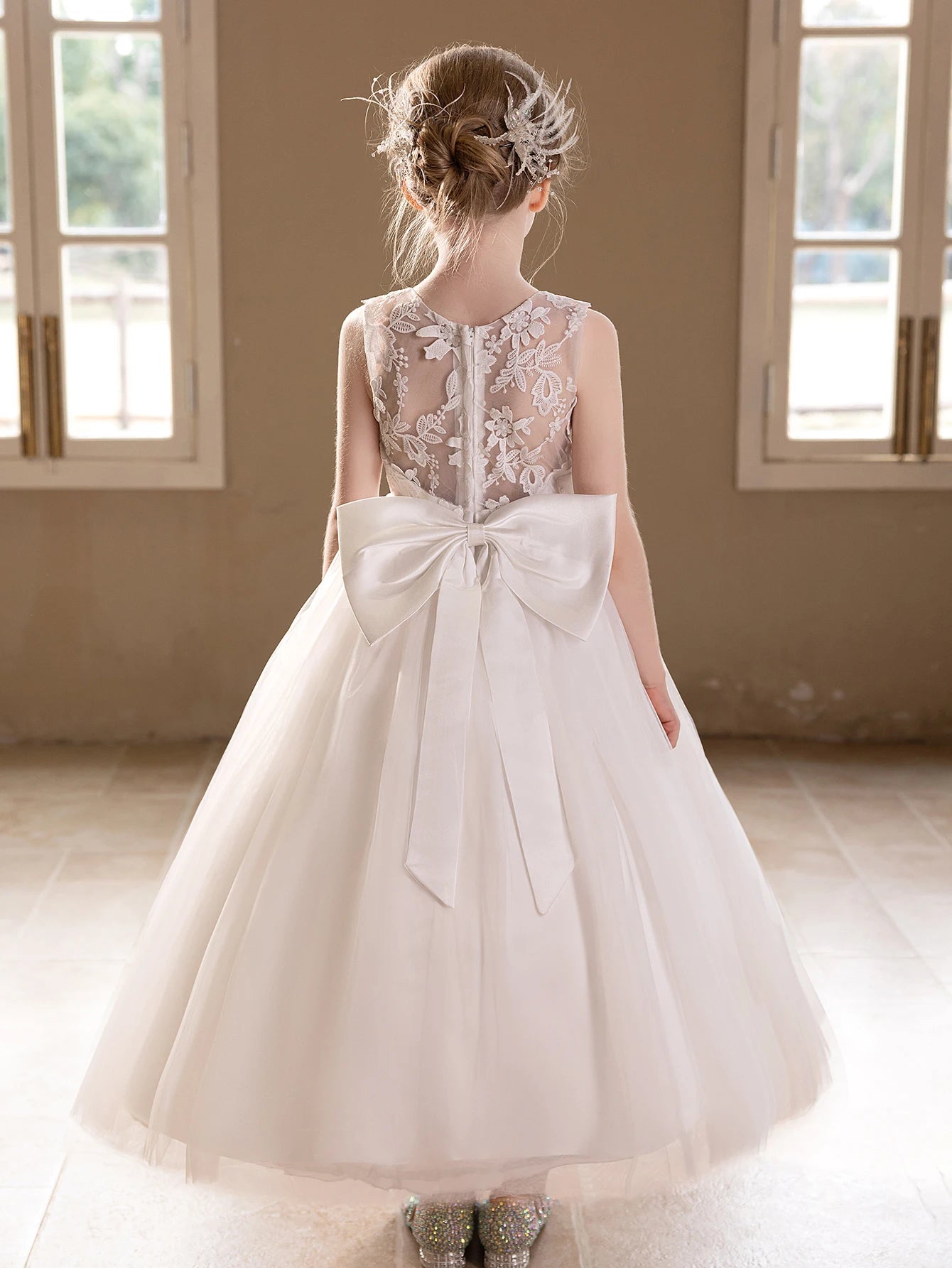 Teen Girls White Wedding Gauze Dress Lace Embroidery Big Bow Evening