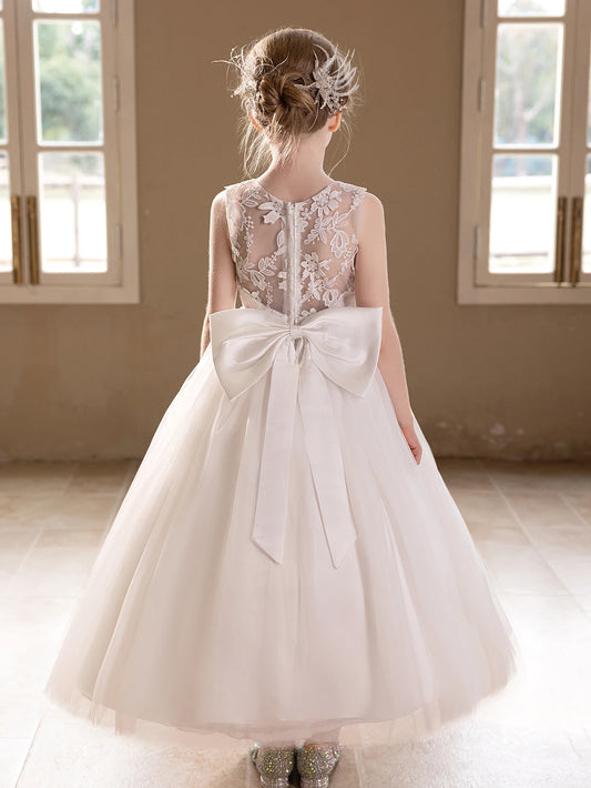 Teen Girls White Wedding Gauze Dress Lace Embroidery Big Bow Evening