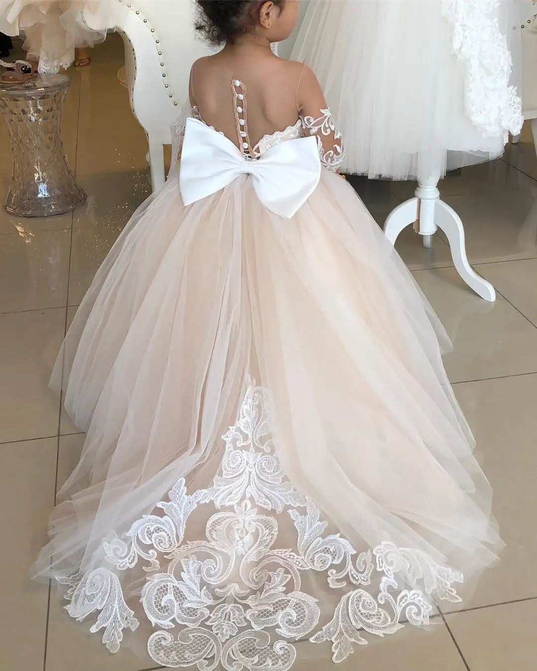 BABYONLINE Flower Girl Dresses For Weddings Long Sleeve Lace Tulle Bow