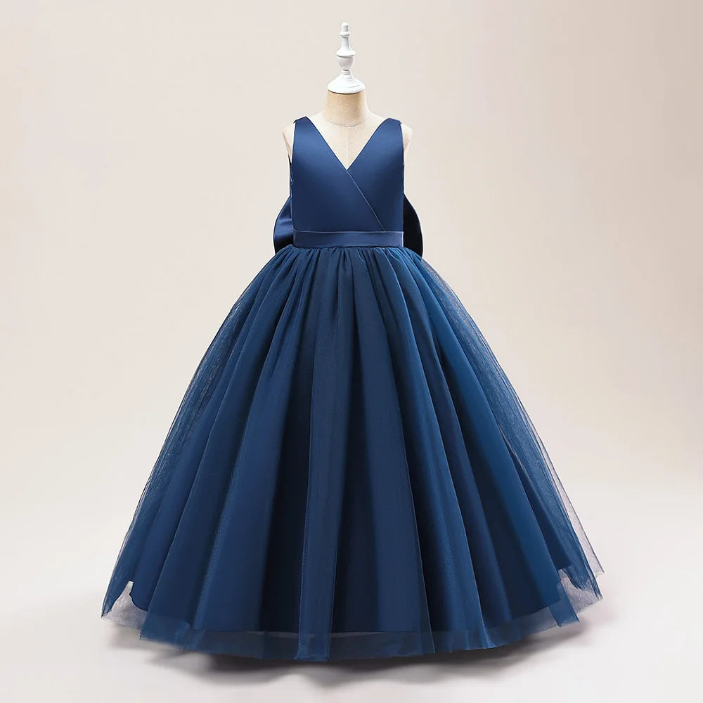 Girl Long White Bridesmaid Dresses For Wedding Prom Gown Big Bow Girls