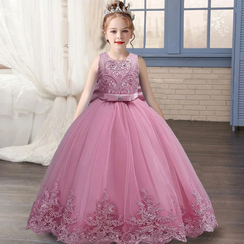 Childrens Dress 3-12 Year Old Embroidered Bow Wedding Dress Girl