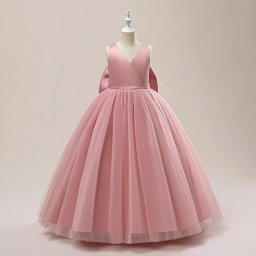 Girl Long White Bridesmaid Dresses For Wedding Prom Gown Big Bow Girls