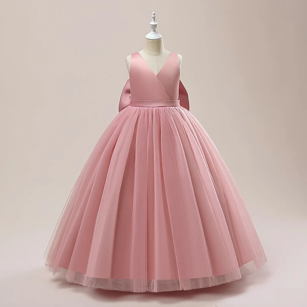 Girl Long White Bridesmaid Dresses For Wedding Prom Gown Big Bow Girls