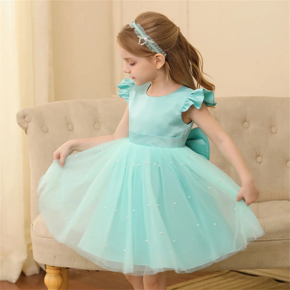 Toddler Girl Flower Birthday Tulle Dress Backless Bow Wedding Gown