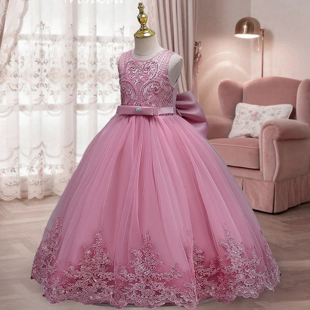 Childrens Dress 3-12 Year Old Embroidered Bow Wedding Dress Girl