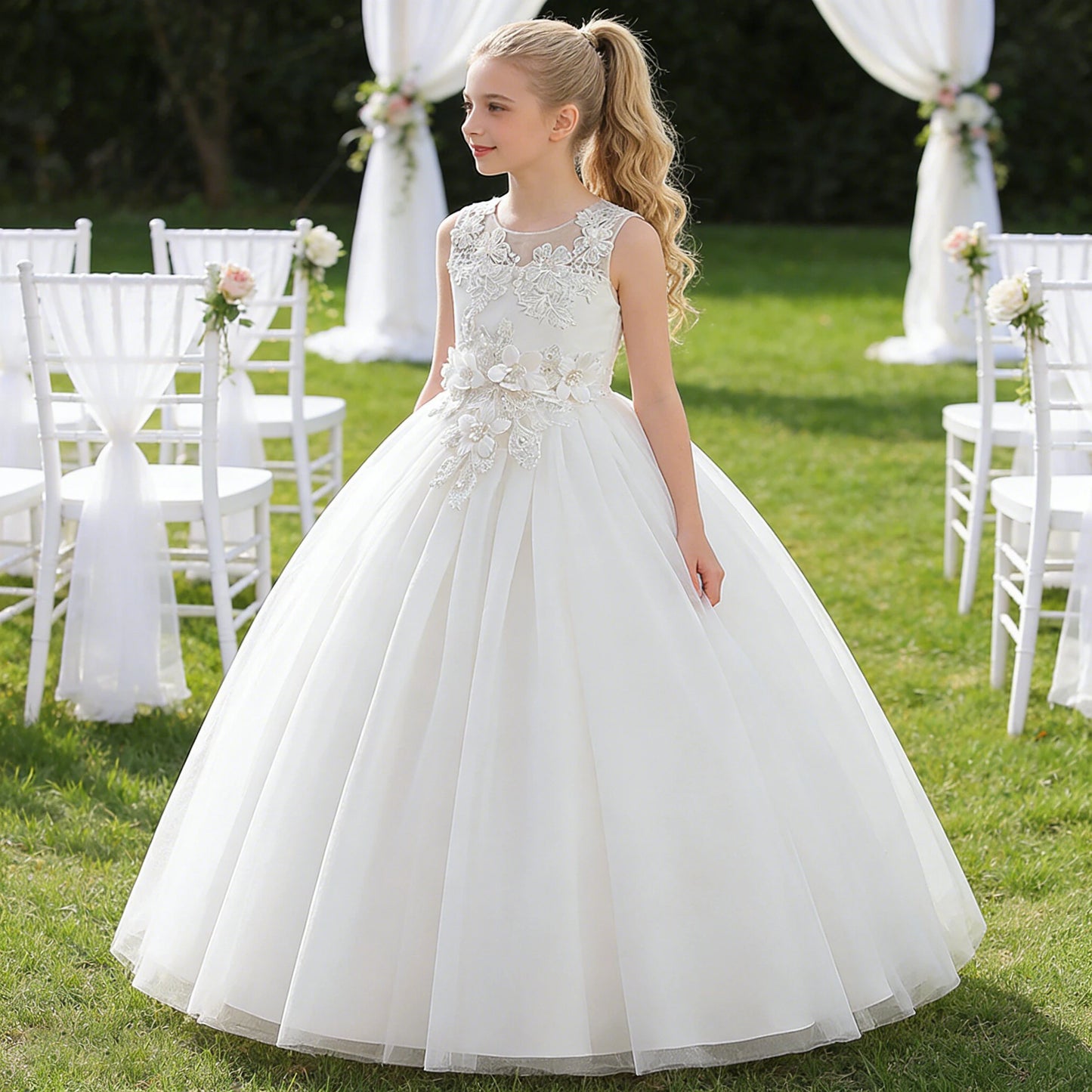 Elegant Baptism Wedding Girls Dress Fashion Tulle First Communion