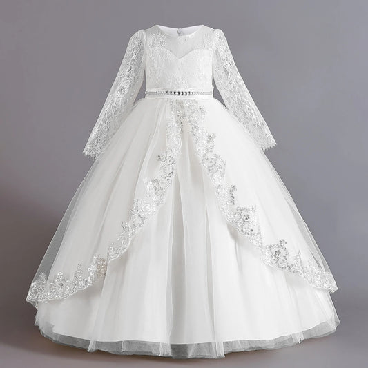 Long Sleeve Baptism Bridesmaids Party Girl Dresses Tulle Wedding