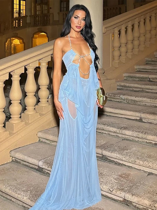 Nibber Prom Party Gown Dress Woman Sexy See Through Luxury Chain