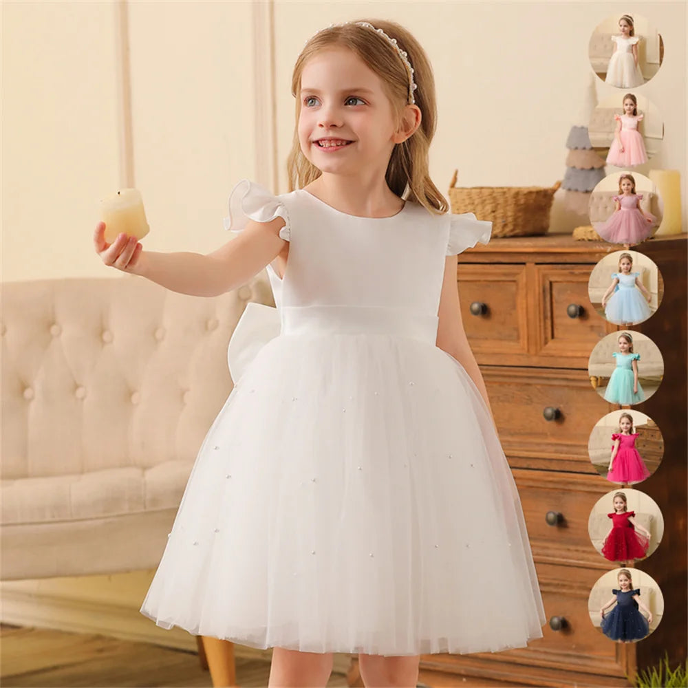 Toddler Girl Flower Birthday Tulle Dress Backless Bow Wedding Gown