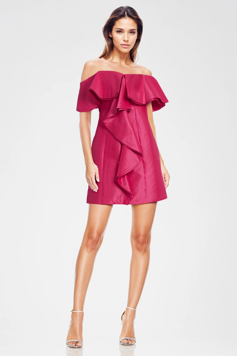Off-Shoulder Mini Satin Cocktail Dress Ruffle Detail One 33 Social MC0113A