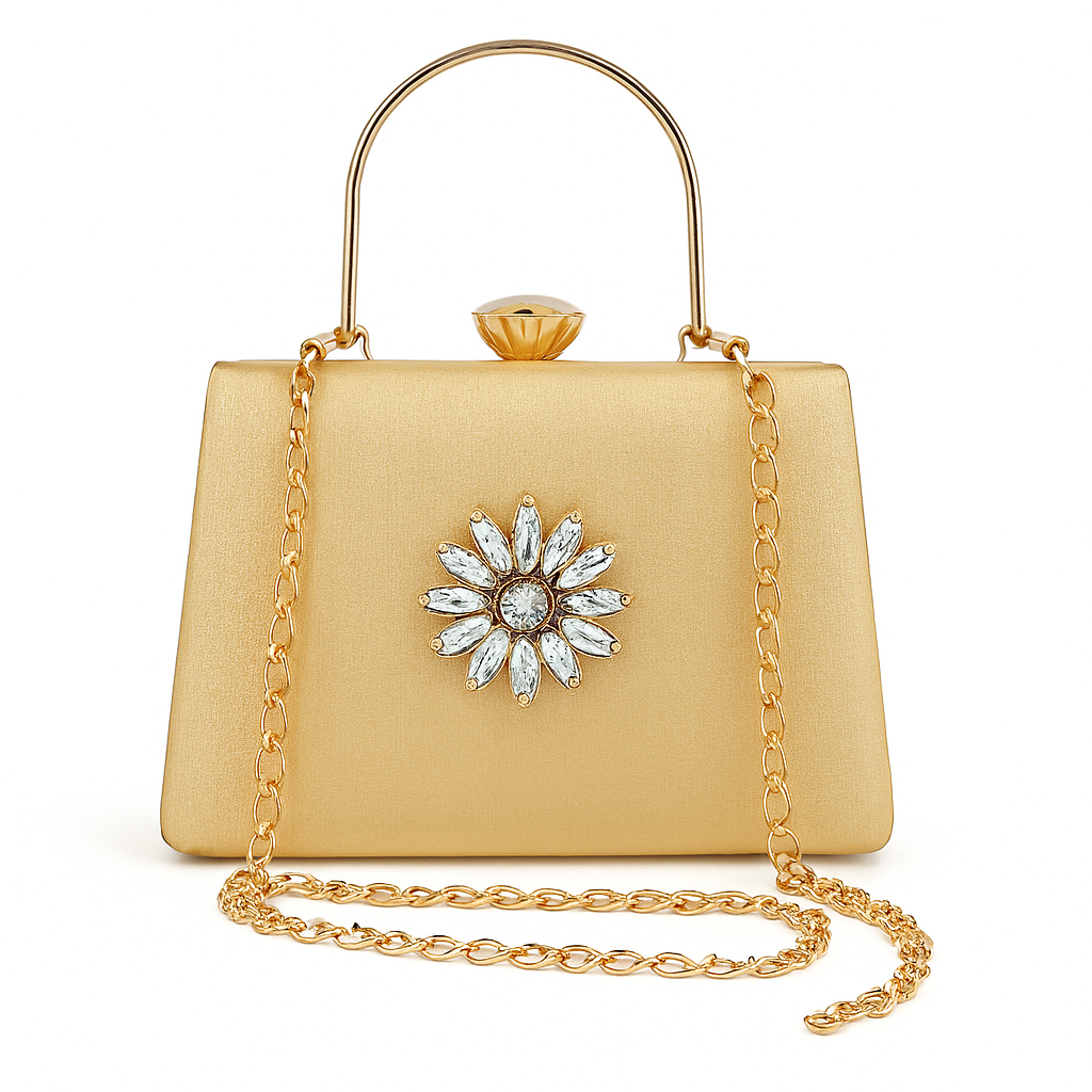 Elegant Cream Clutch with Floral Stone and Gold Chain