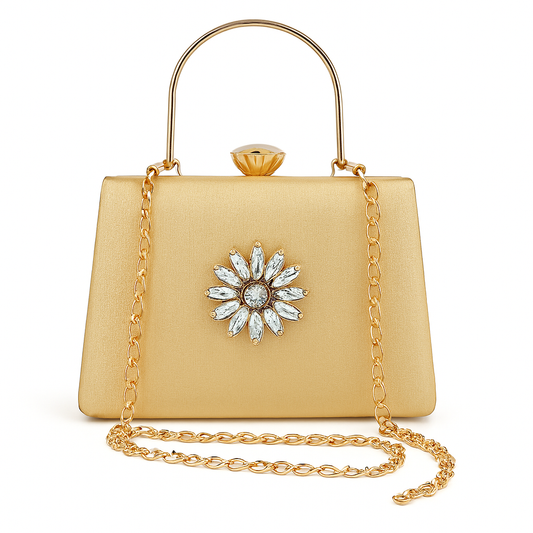 Elegant Cream Clutch with Floral Stone and Gold Chain