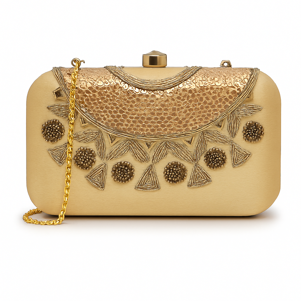 Designer Beige Clutch with Golden Embroidered Art