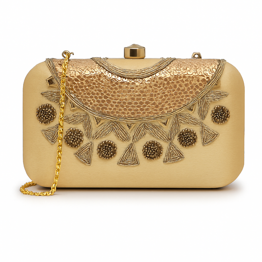 Designer Beige Clutch with Golden Embroidered Art