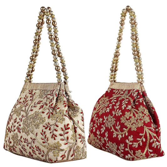 Maroon & Cream Embroidered Potli – 2 Pack