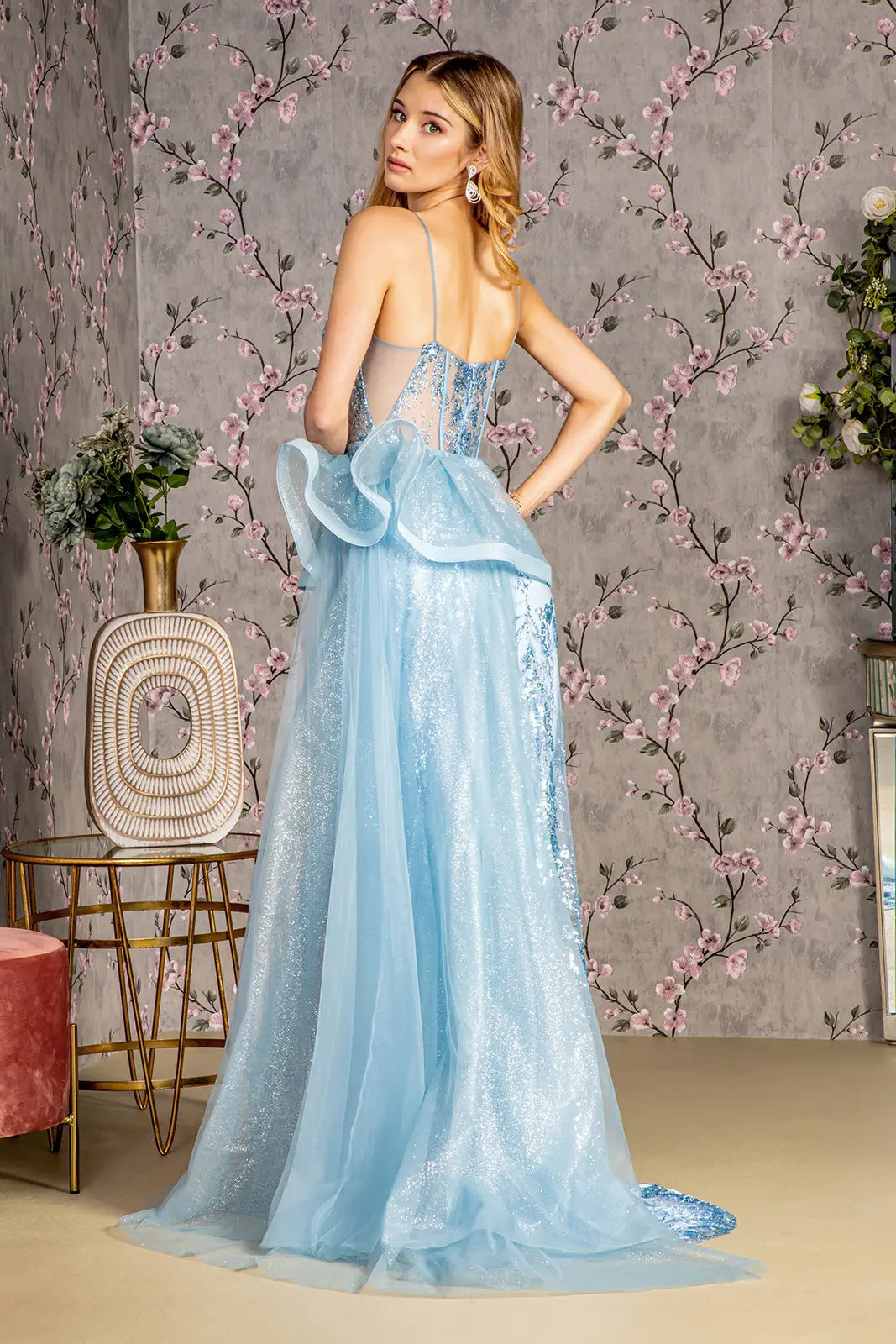 Glitter mesh mermaid long dress w detachable side waist drape GLGL3459