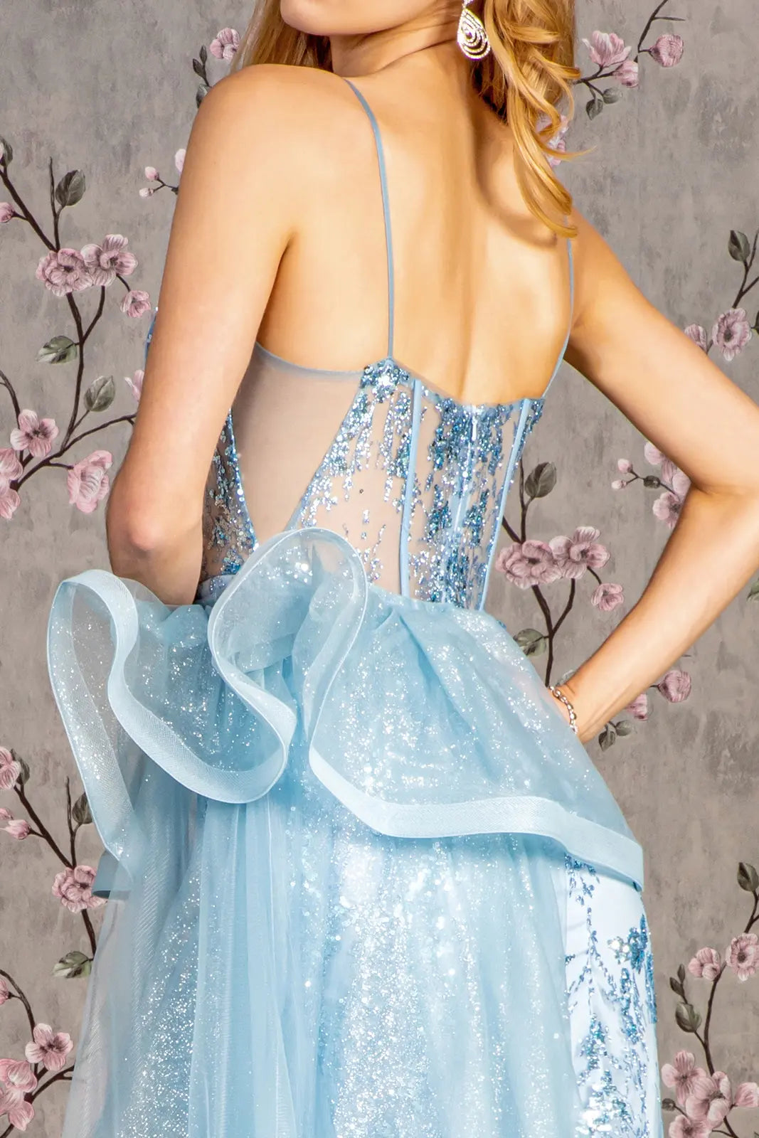 Glitter mesh mermaid long dress w detachable side waist drape GLGL3459