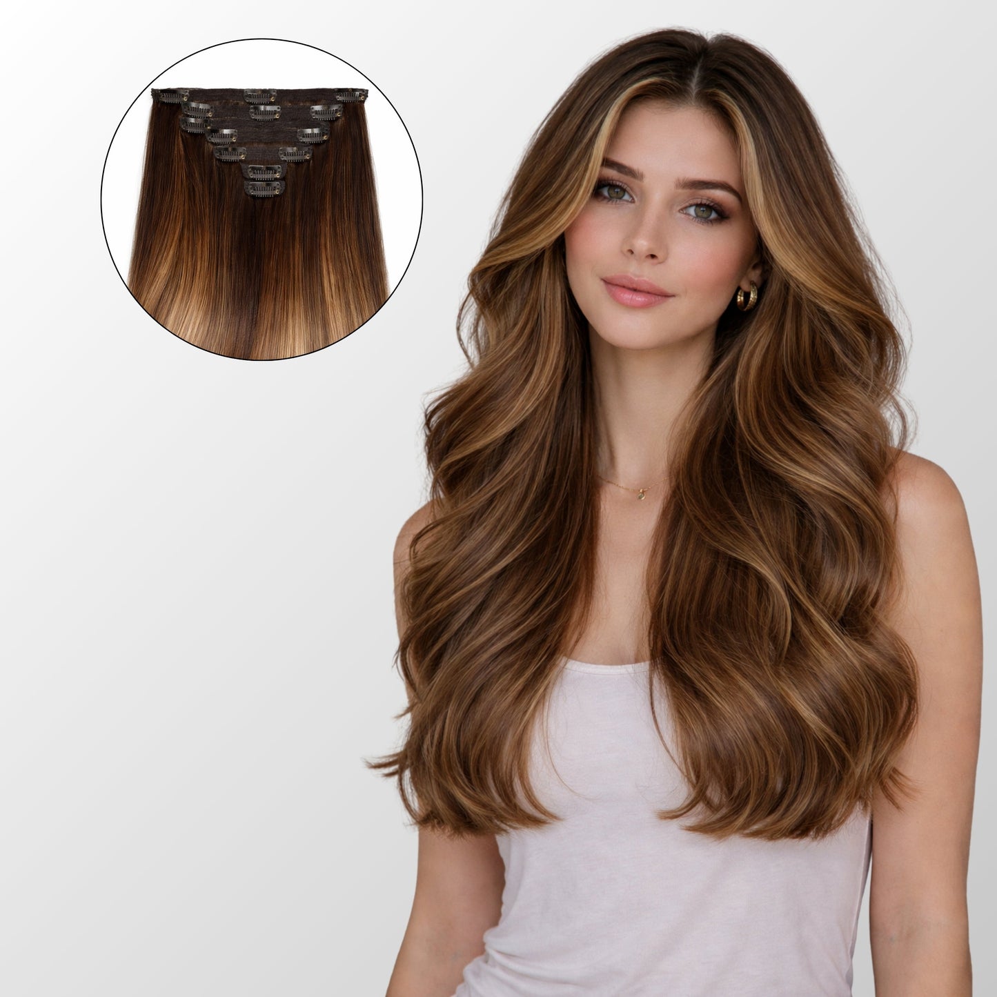 Honey Blonde Balayage (1A/1A+4Q) Classic Clip-In Hair Extensions (120g-140g)