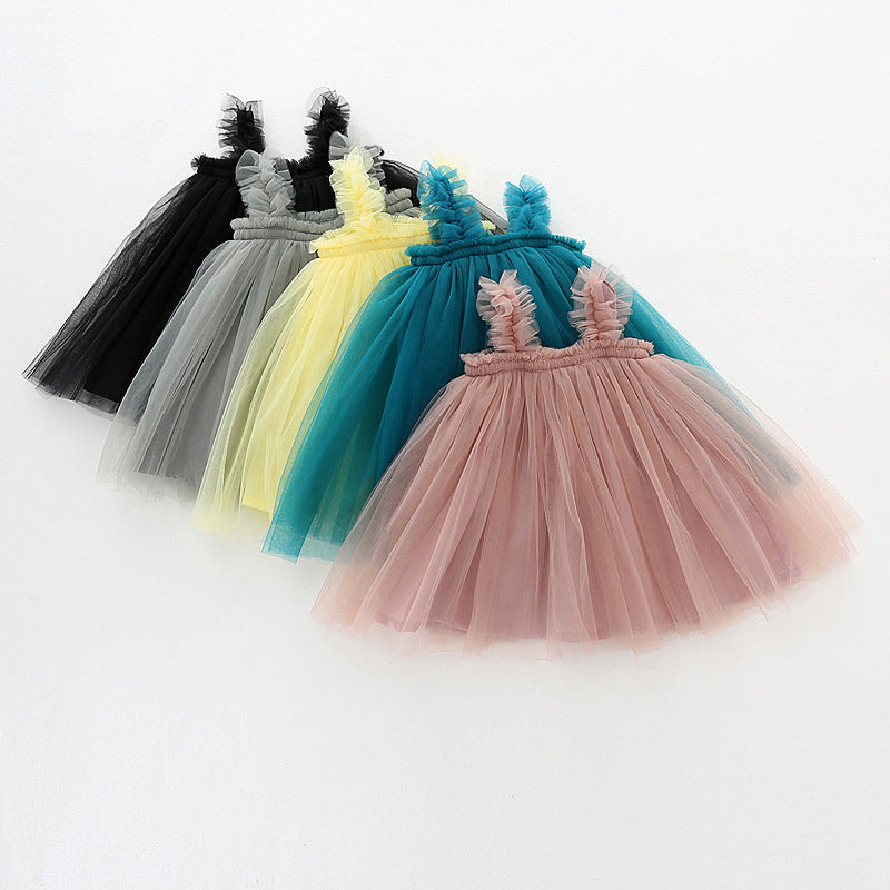 Summer Baby Kids Girls Sleeveless Plain Tulle Strap Dress