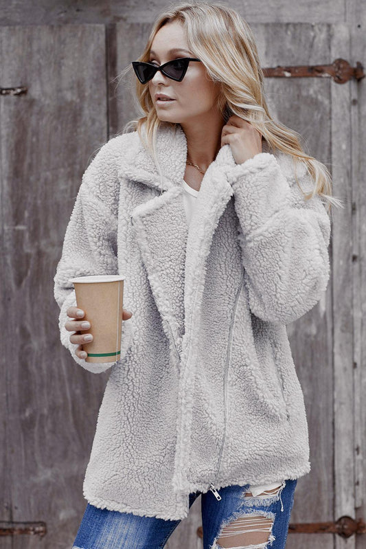 Winter Women Gray Breaker Pocketed Sherpa Statement Jacket