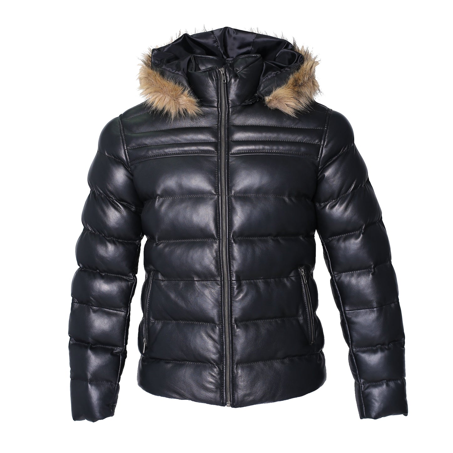 Men's Crimson Black Puffer Winter Down Leather Jacket with Fur