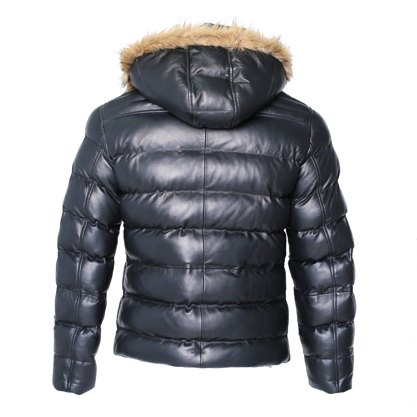 Men's Crimson Black Puffer Winter Down Leather Jacket with Fur
