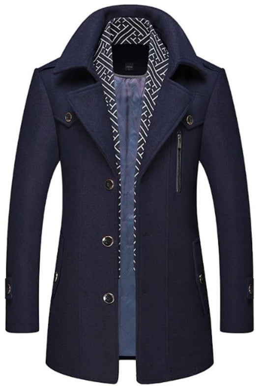 Mens Layered Collar Button Front Mid Length Coat