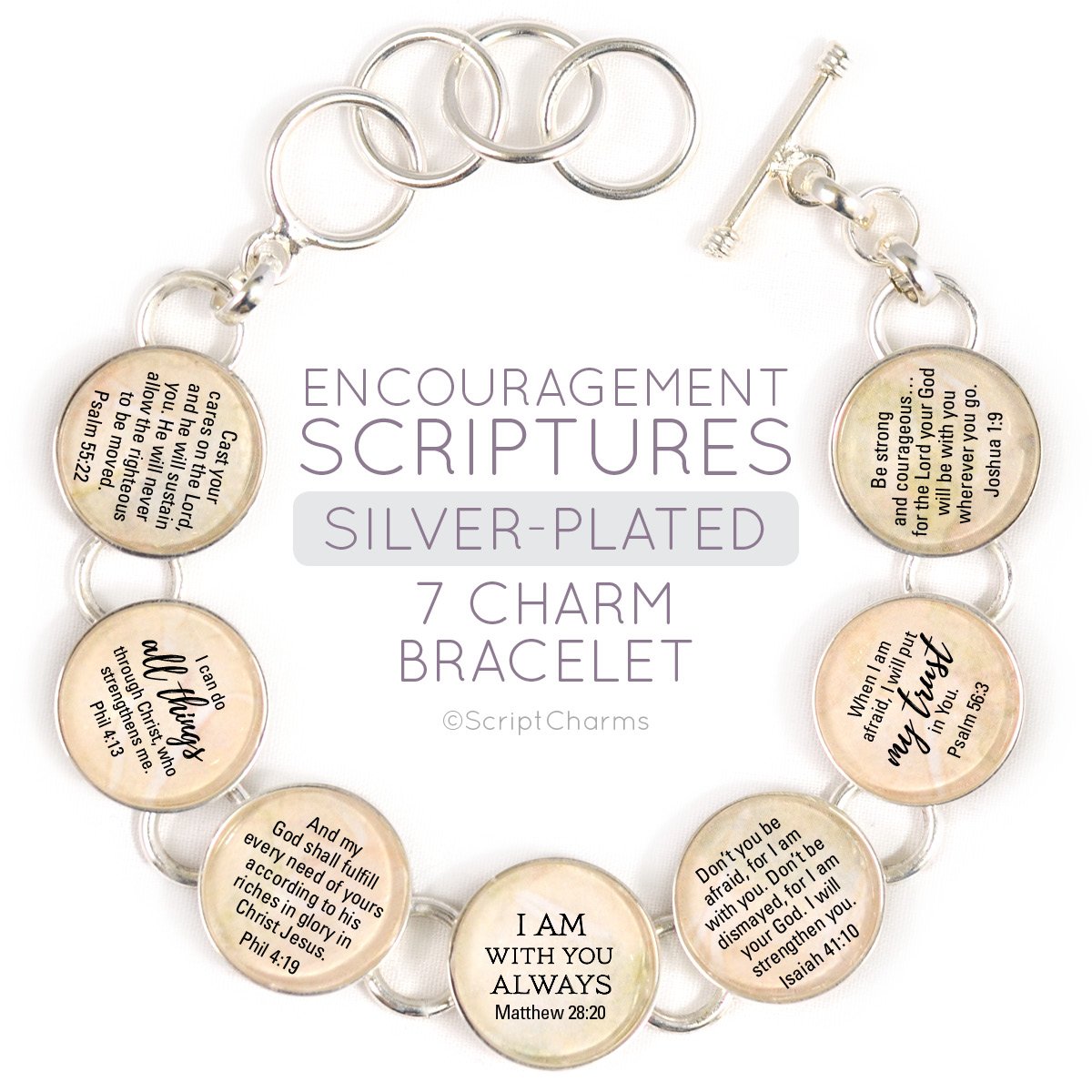 Encouragement Scriptures - Silver-Plated Bible Verse Charm Bracelet