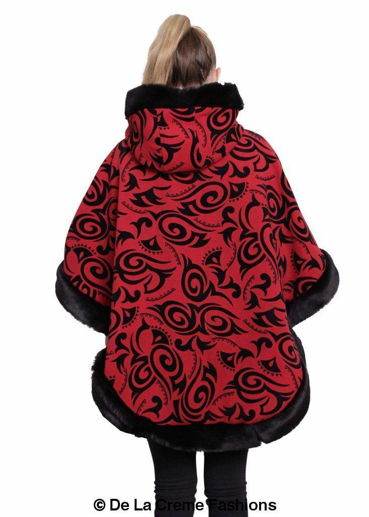 De La Creme - Women's Tribal Print Fur Lined Hooded Cape