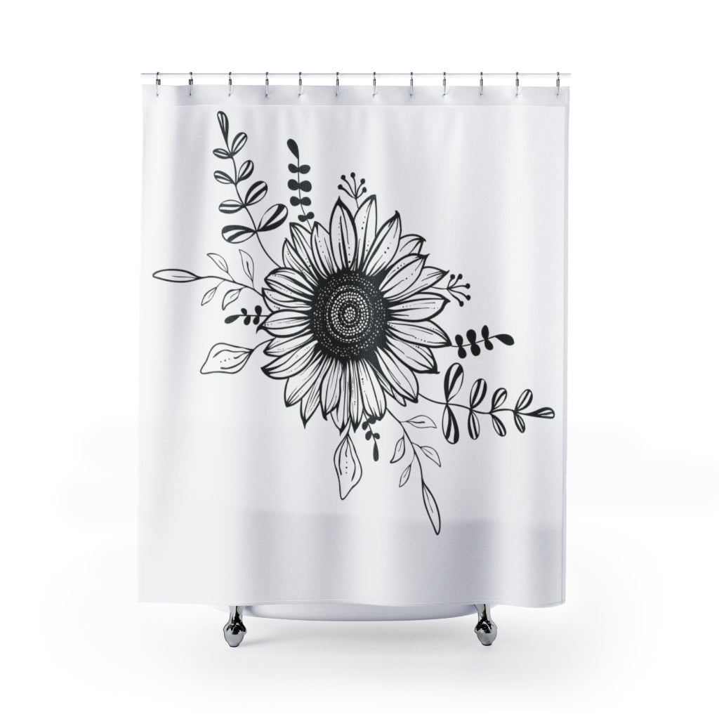 Uniquely You Fabric Shower Curtain, Black and White Sunflower  - S6
