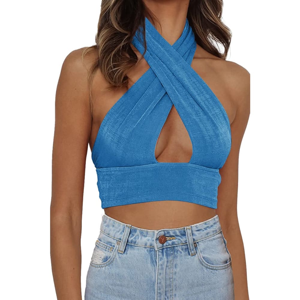 Halter Neck Criss Cross Sexy Y2k Tops Backless Cami Tank - 