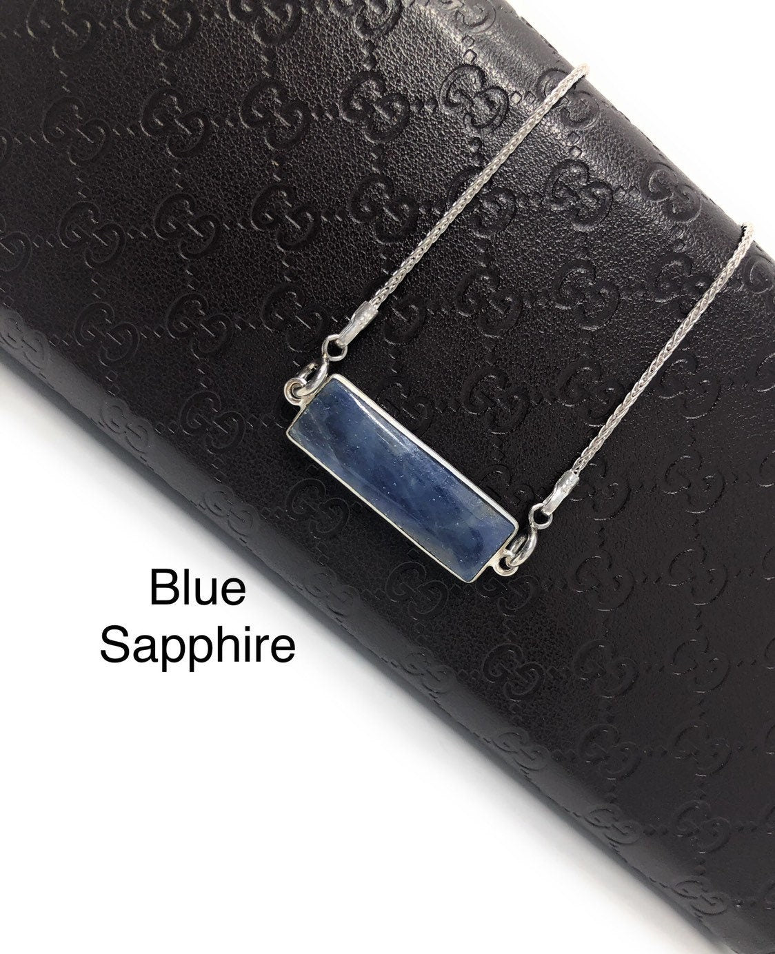 Gemstone Necklace, Natural Sapphire Bar Necklace, Silver Minimalist