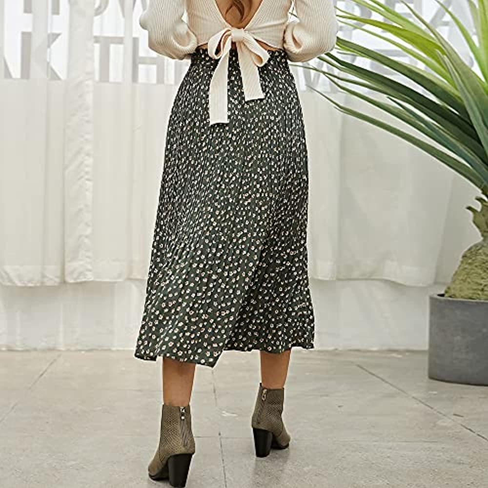 Midi Skirt Womens High Waist Polka Dot Pleated Swing with 