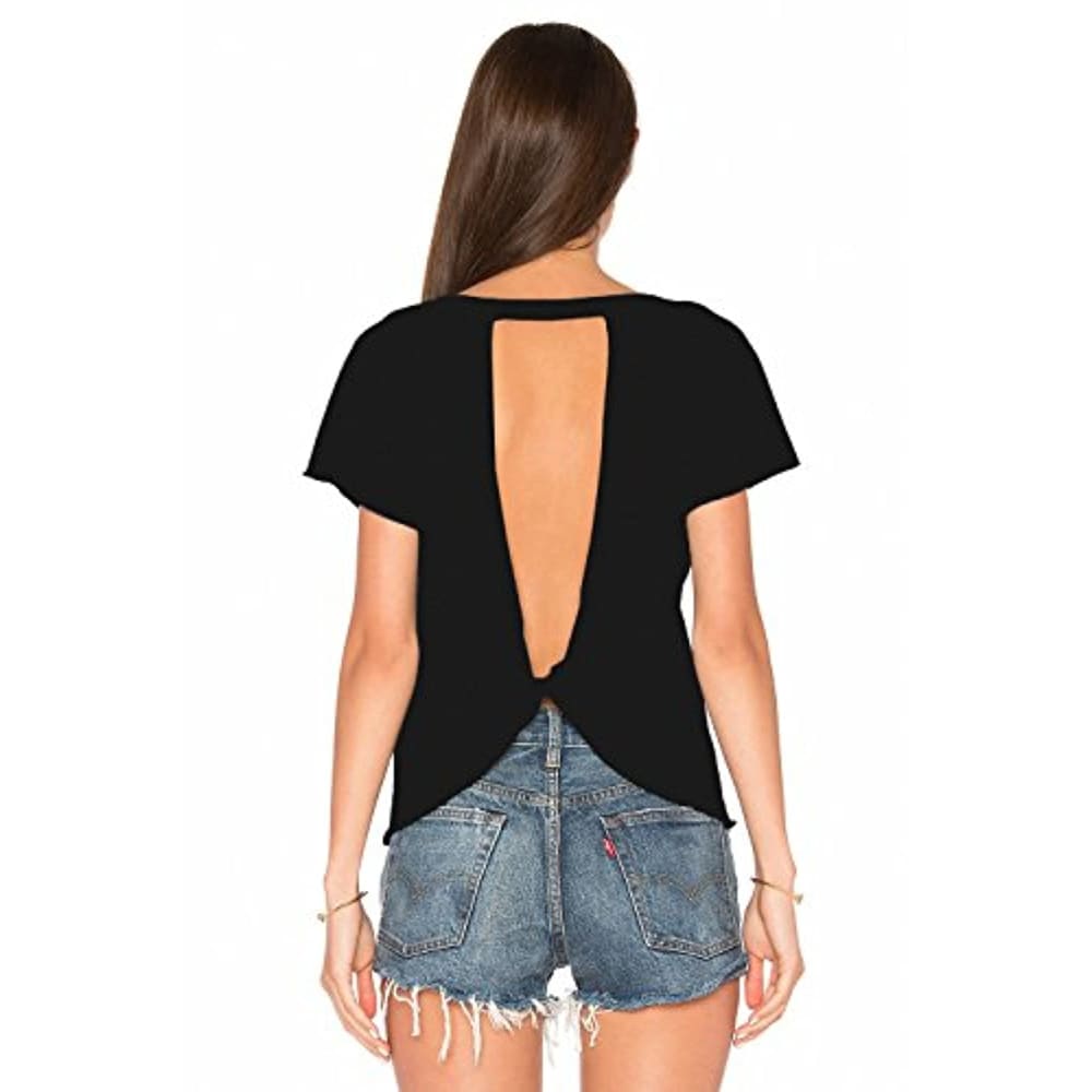 Sexy Backless Short Sleeve Workout Tops for Women - Back to 