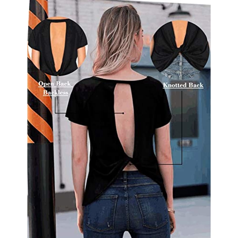 Sexy Backless Short Sleeve Workout Tops for Women - Back to 