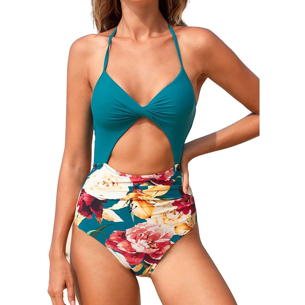 Halterneck Floral Print One-piece Swimsuit And Dress High Waist Skinny Lace  Up Bikini Women's Tummy