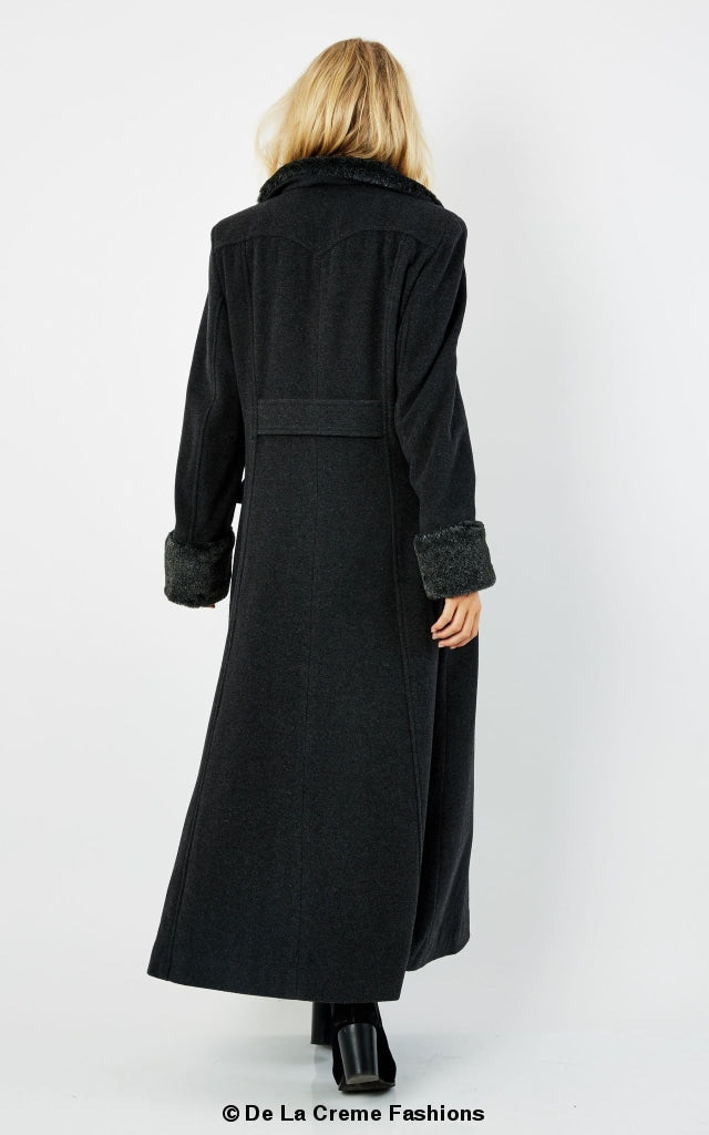 Wool Blend Faux Fur Trim Maxi Coat (2004-FUR)