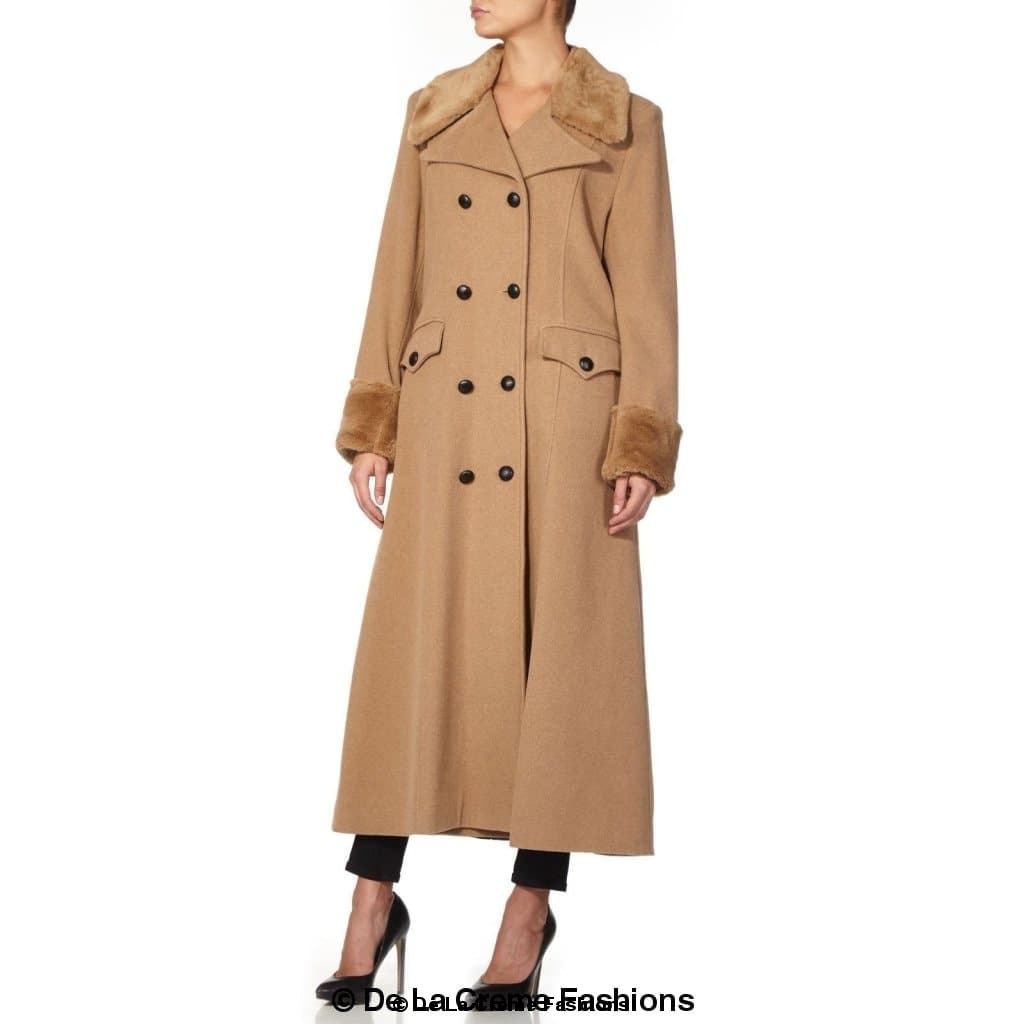 Wool Blend Faux Fur Trim Maxi Coat (2004-FUR)