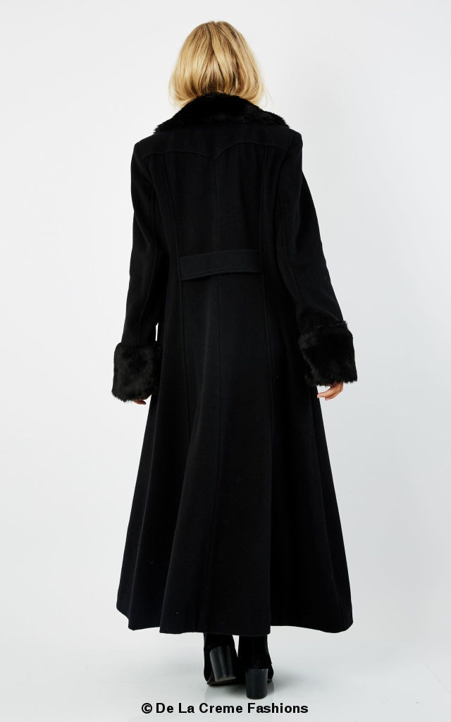 Wool Blend Faux Fur Trim Maxi Coat (2004-FUR)