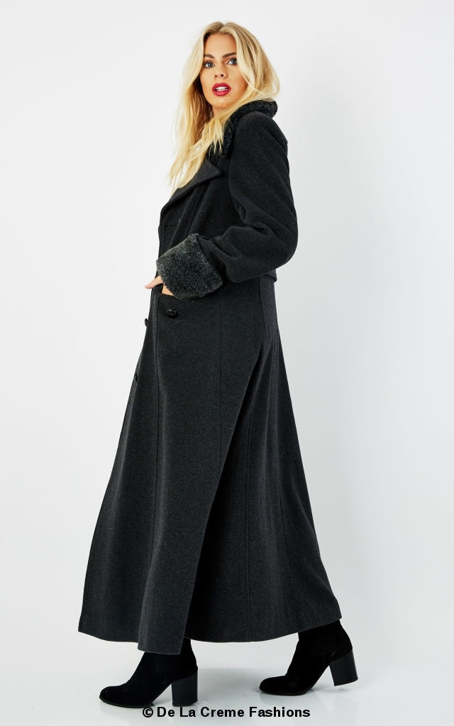 Wool Blend Faux Fur Trim Maxi Coat (2004-FUR)