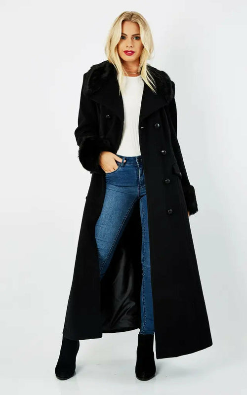 Faux Shearling Trim Maxi Faux Leather Coats Black Faux Fur Trim
