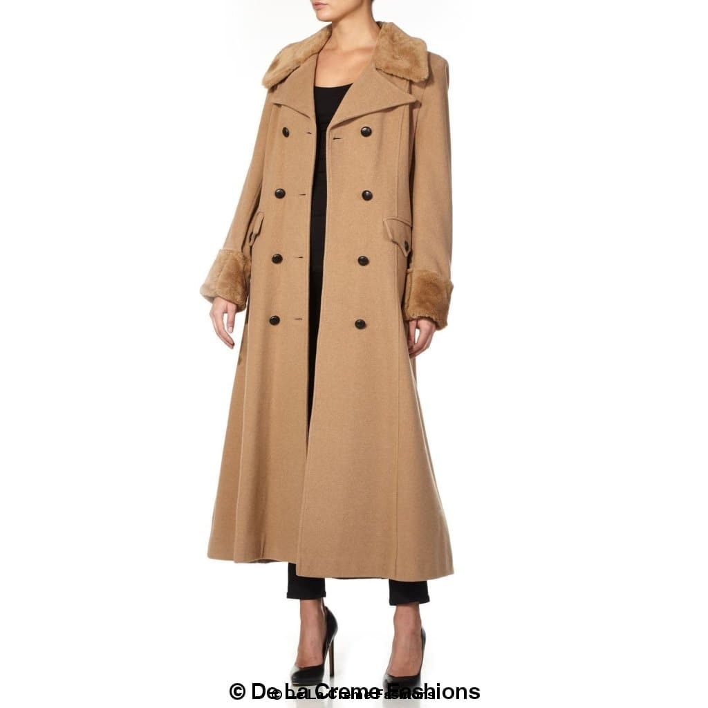 Wool Blend Faux Fur Trim Maxi Coat (2004-FUR)