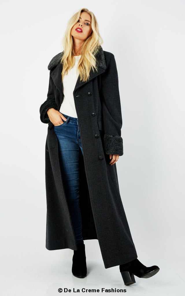 Wool Blend Faux Fur Trim Maxi Coat (2004-FUR)