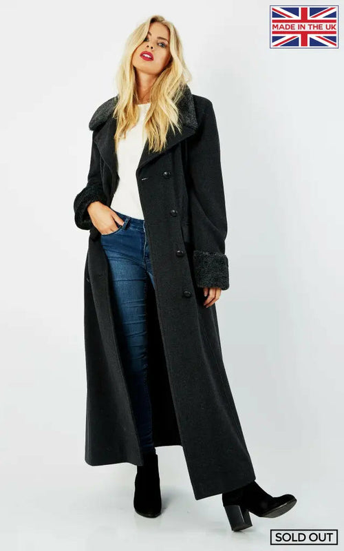 Wool Blend Faux Fur Trim Maxi Coat (2004-FUR)